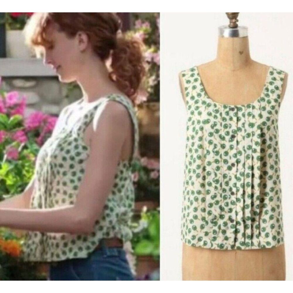 Anthropologie Postmark Green Ping Pong/Olives Summer Cotton Blouse Ruffles, Sz 4